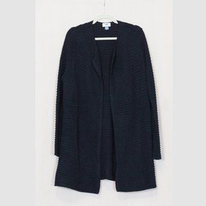 Mid-thigh length ribbed long sleeved open front cardigan